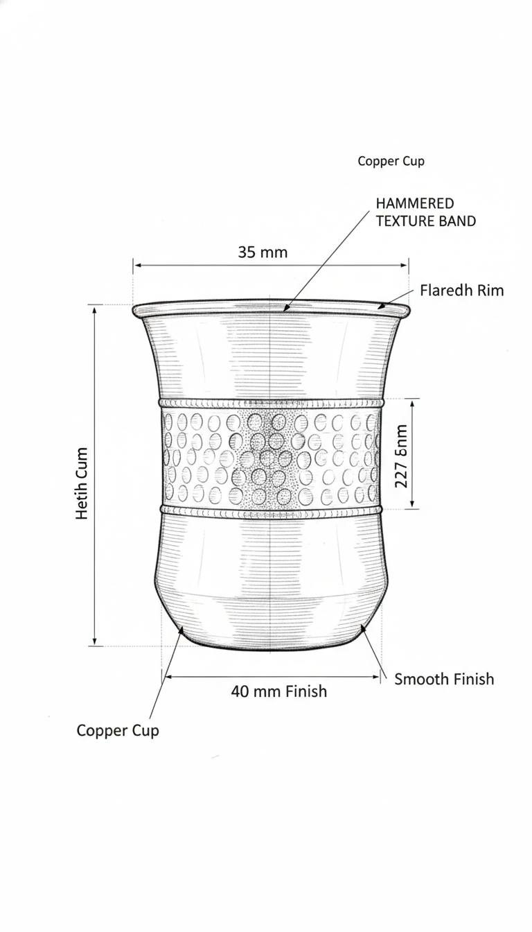 Vintage Damru Glass - Copper dimensions diagram - Viviana London artisan product specification